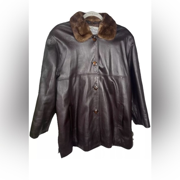 Peleteria Vintage Sheepskin Brown‎ Leather Coat Fur Collar Womens Size 46/14 - Picture 1 of 13